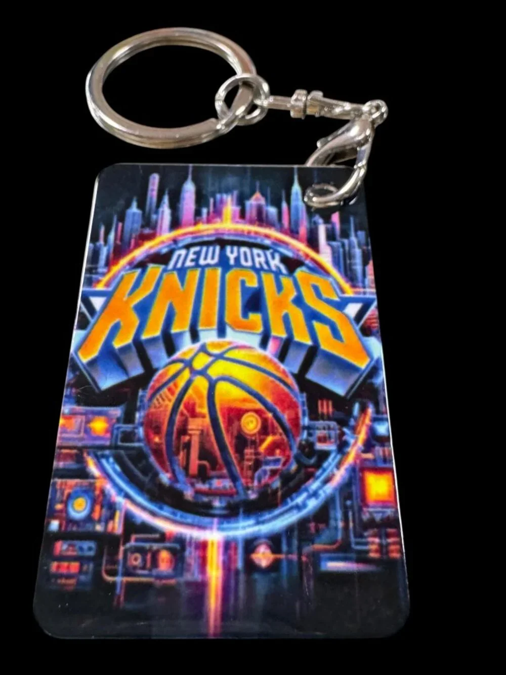 New York Knicks Keychain, Metal, Neon City Skyline Graphic, Lobster Clasp with S